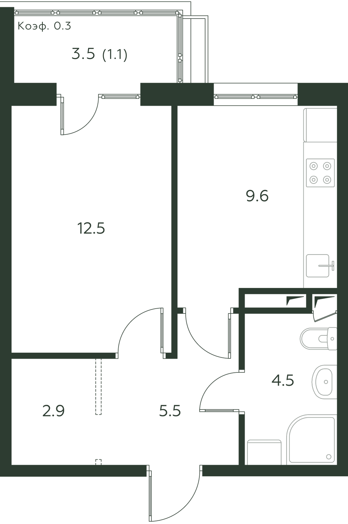 Планировка 1-комнатная 36,1 м² в ЖК Павлово-3 с обозначениями помещений и размерами