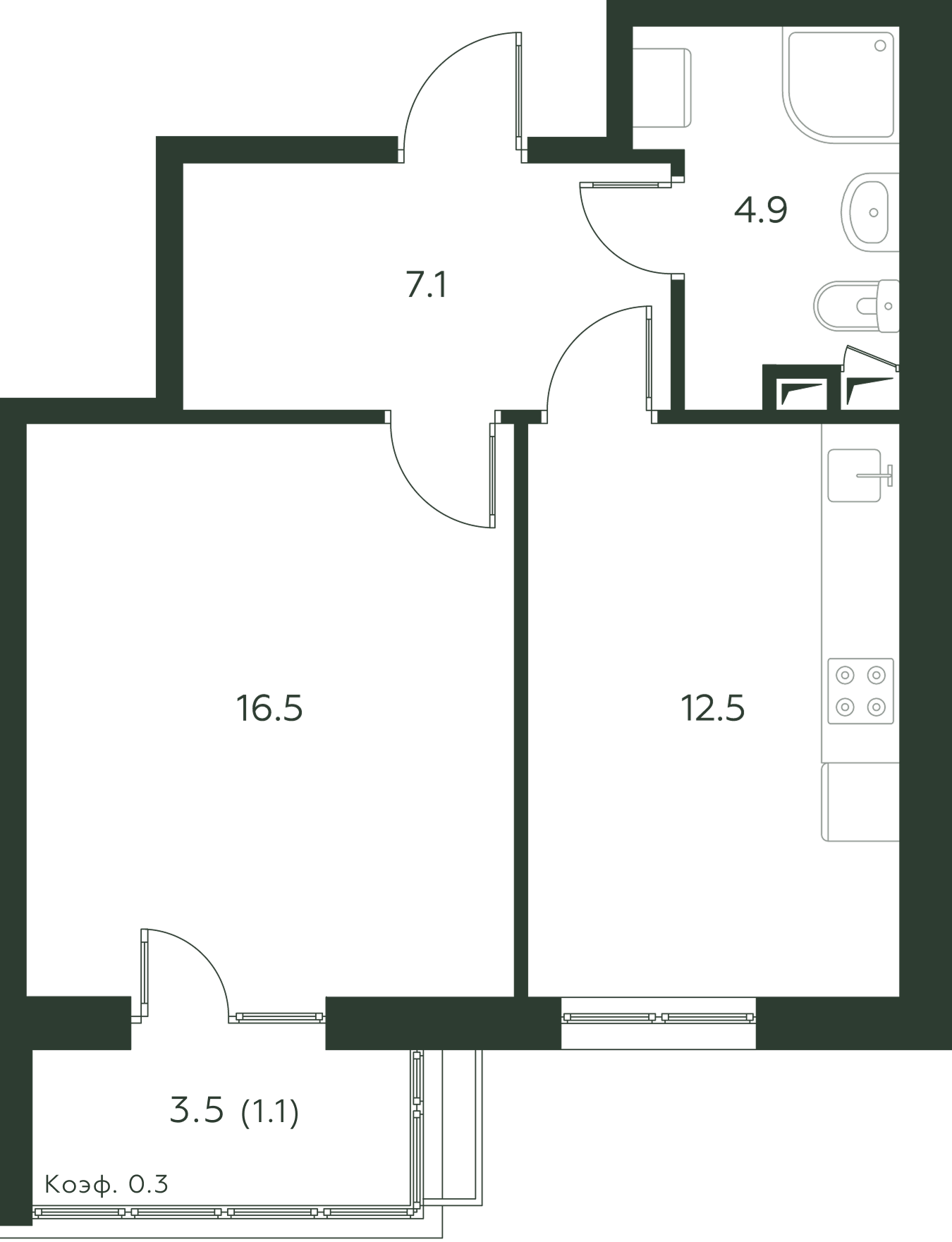 Планировка 1-комнатная 42,1 м² в ЖК Павлово-3 с обозначениями помещений и размерами