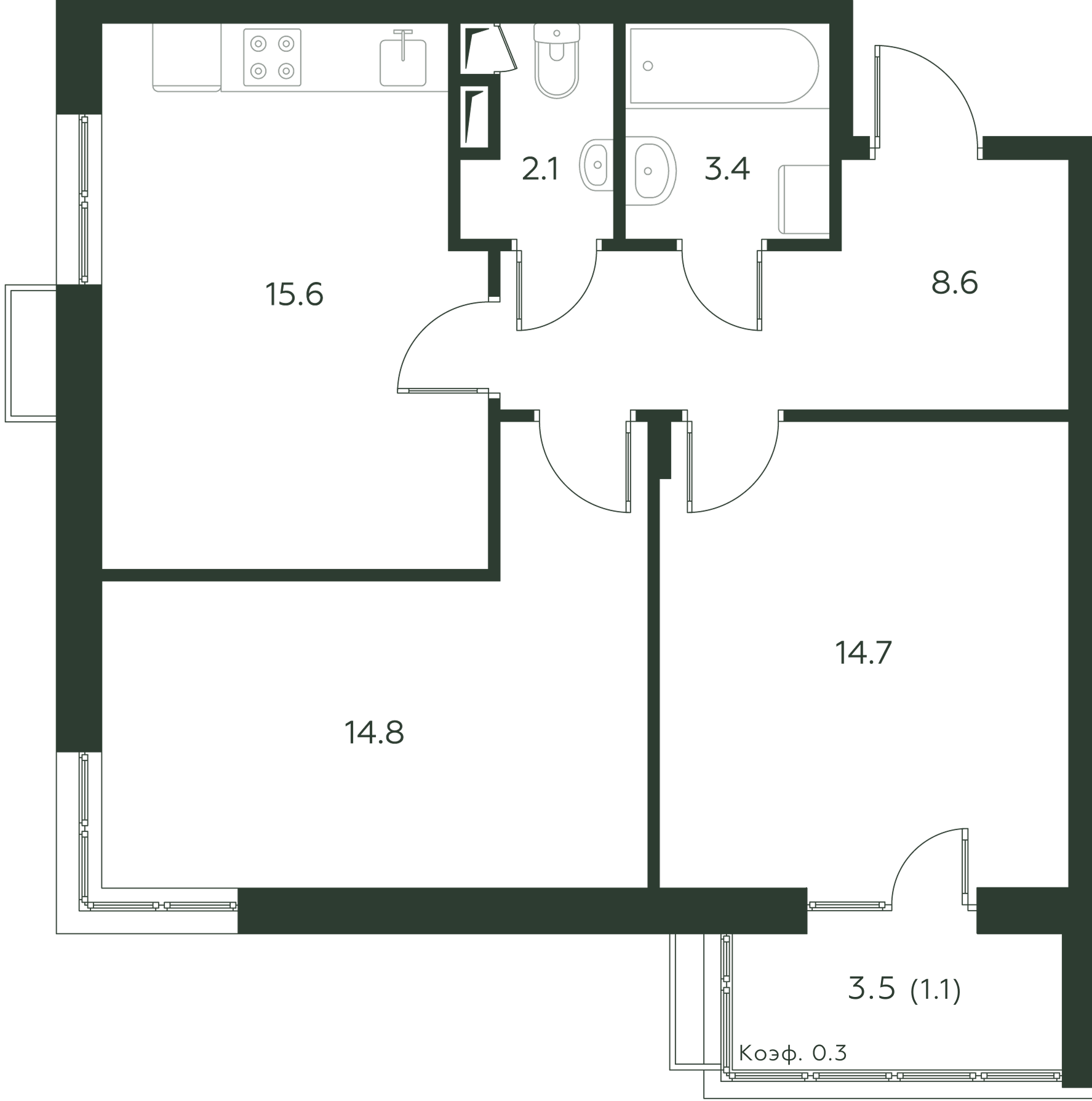 Планировка 3-комнатная 60,3 м² в ЖК Павлово-3 с обозначениями помещений и размерами